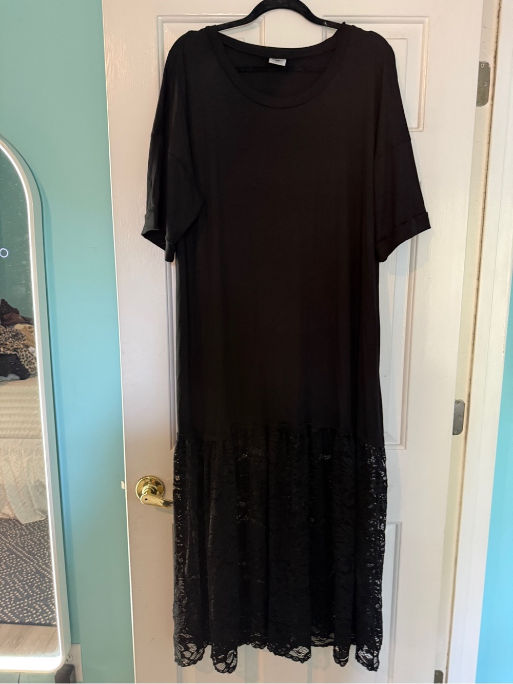 Black Short-Sleeve Maxi Dress with Lace Hem
